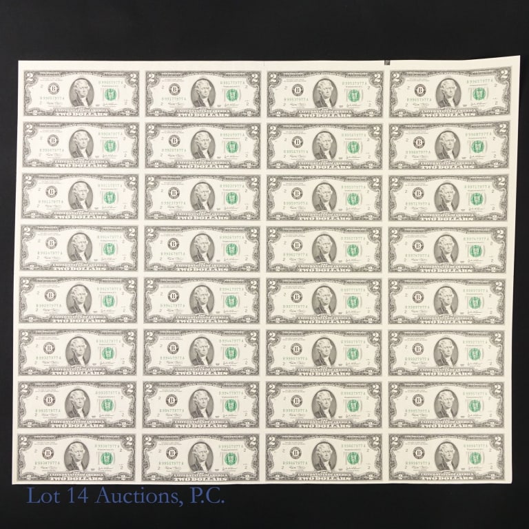 2003 Uncut Sheet of US $2 FRN (CU), 32 Notes (1 of 3)