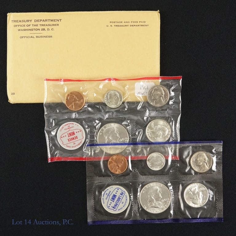 1961 (P) SA Silver 10-Coin Mint Set in OGP: 1961 P,D United States 10-coin uncirculated mint set (Philadelphia, Denver Mints) in OGP. Half dollar, quarter and dime metal is 90%-silver (lot ASW 1.224 ozt). Mintage 223,704. *** Lot 14 Auctions is