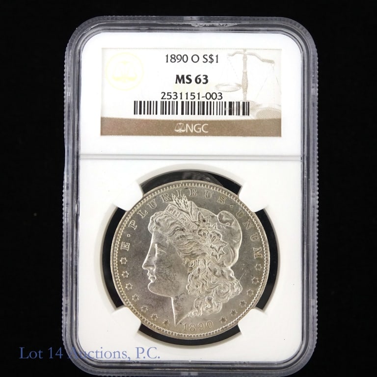 1890-O US Silver Morgan Dollar (NGC MS63): 1890-O United States silver Morgan dollars (New Orleans Mint). Metal is 90% silver. NGC graded MS-63. Mintage 11 million. Greysheet wholesale price guide graded at MS-63 values is $200. ***Lot 14 Auct
