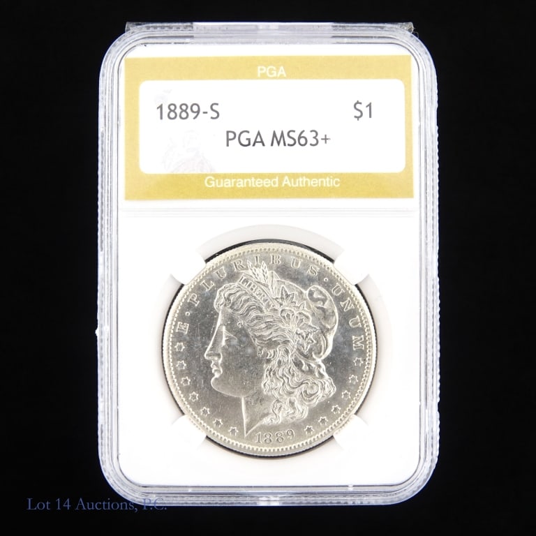 1889-S US Silver Morgan Dollar (Scarce): 1889-S United States silver Morgan dollar (San Francisco Mint). PGA slabbed "MS63+". Mintage is 700,000 with a PCGS survival estimate of 70,000 (R-2.3) in all grades. Per Greysheet, "a low-mintage iss