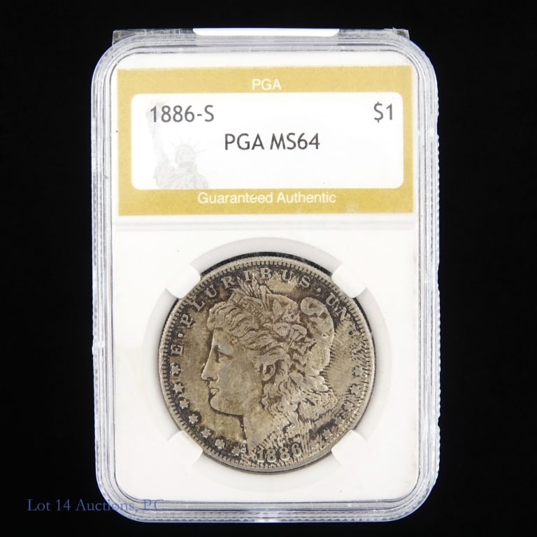 1886-S US Silver Morgan $1 (PGA): 1886-S United States silver Morgan dollar (San Francisco Mint). PGA slabbed MS64 (with toning and details). Metal is 90% silver. Mintage 750,000. Silver content confirmed on Lot 14 Auctions electronic