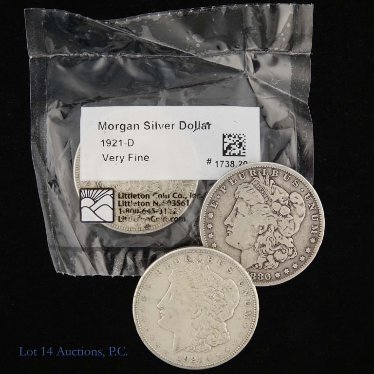 1880, 1921d & 1921s US Silver Morgan $1 (3): Three (3) United States silver Morgan dollars (Philadelphia, Denver, San Francisco Mints). Metal is 90% silver. Lot estimates ASW is 2.3 troy ounces. Dates as follows: ---1880 (P); ---1921-D (VF in LC