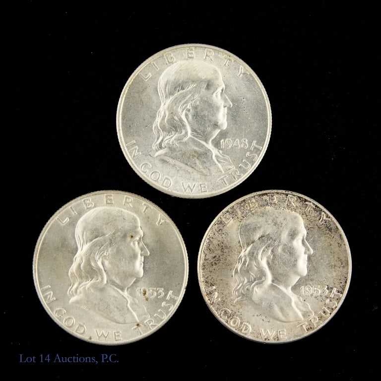 1948d, 1953 & 1953d US Silver Franklin 50c, 3: Three (3) United States silver Franklin half dollars (Philadelphia, Denver Mints). *Per consigner, fully original and early tougher dates. Metal is 90% silver, with ASW of 0.3617 ozt per coin. Dates a