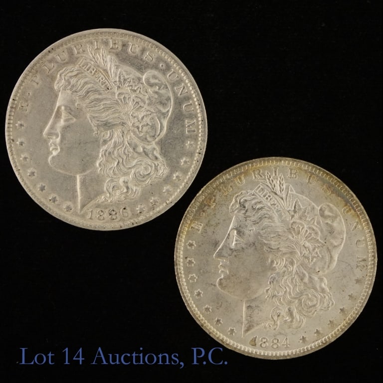 1884-O & 1886-O US Silver Morgan Dollars, 2: Two (2) United States silver Morgan dollars (New Orleans Mint). Metal is 90% silver (ASW 1.5 ozt.). Details as follows: ---1884-O mintage 9,730,000; and ---1886-O mintage 10,710,000. Silver content co