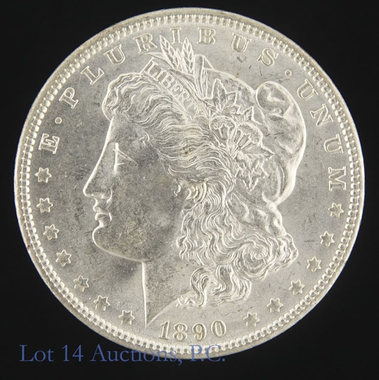 1890 (P) US Silver Morgan Dollar (*BU Good Luster): 1890 (P) United States silver Morgan dollar (Philadelphia Mint). *Per consigner, with good luster in BU condition. Metal is 90% silver (ASW 0.7734 ozt.). Mintage 16,802,000. Greysheet wholesale price 
