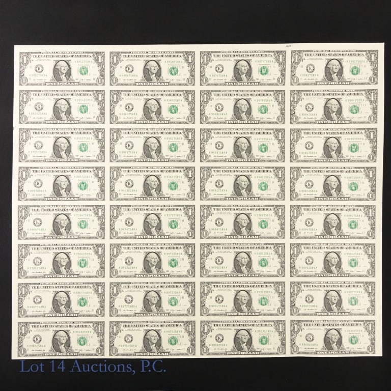 2009 Uncut Sheet US $1 FRN (CU), 32 Notes (1 of 3)