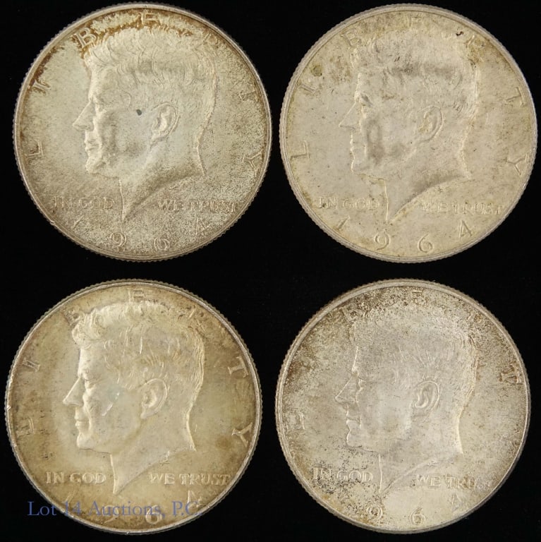 1964 P,D US 90%-Silver Kennedy 50c, 4: Four (4) 1964 P,D United States silver Kennedy half dollars (Philadelphia, Denver Mints). Metal is 90% silver (lot est. ASW 1.4 ozt.). Silver content confirmed on Lot 14 Auctions electronic metal veri