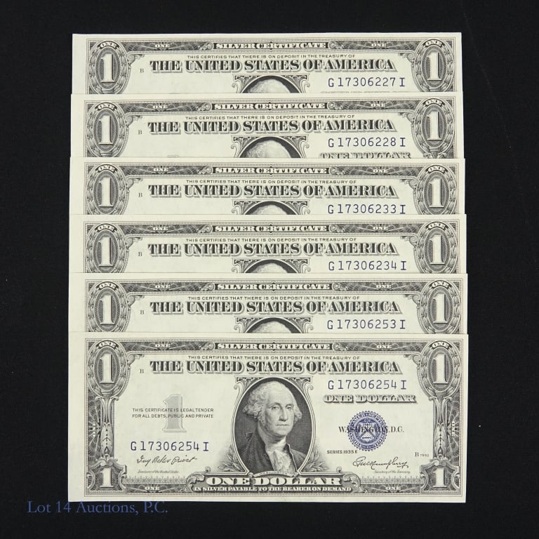 1935-E US $1 Silver Certificates w/ Cons S/Ns (6): Six (6) series 1935-E United States $1 silver certificates - blue seal (Priest / Humphrey). Per consigner, over 90 years old with three sets of two consecutive serial numbers and all notes crisp uncir