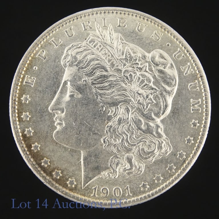 1901-O US Silver Morgan Dollar (*BU): 1901-O United States silver Morgan dollar (New Orleans Mint). *Per consigner, has original luster in BU condition. Metal is 90%-silver (ASW 0.77 ozt). Mintage 13,320,000. *** Lot 14 Auctions is not a 