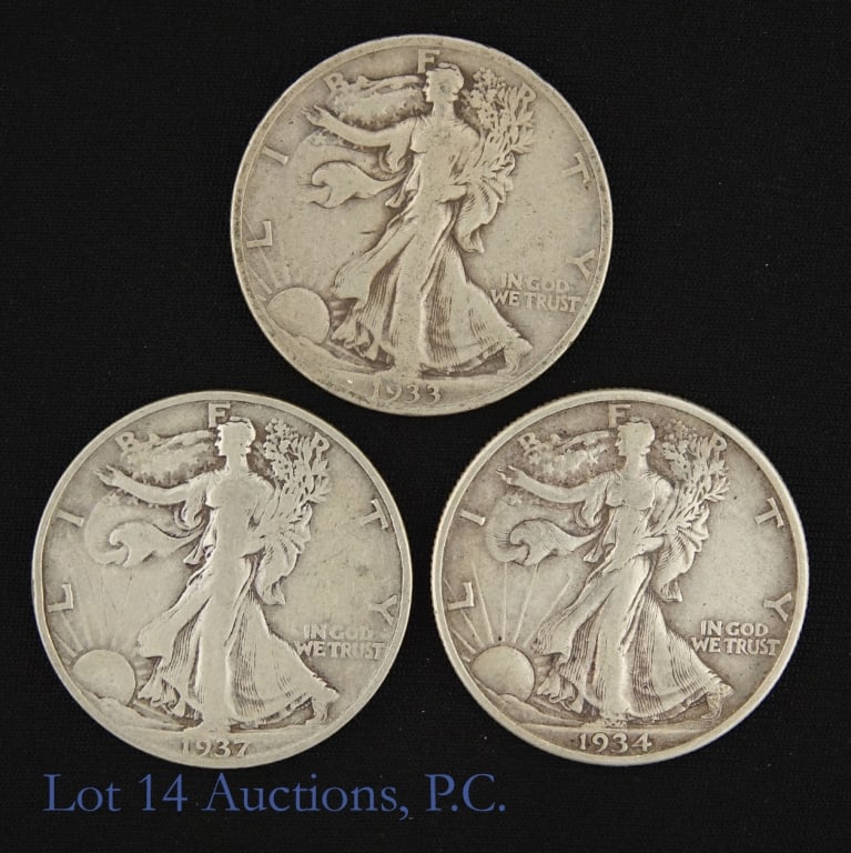 1933s '34d & '37s US Silver W/L 50c (Full Rims), 3: Three (3) United States silver walking liberty half dollars (Denver, San Francisco Mints). *Per consigner, better and earlier dates that are difficult to find in higher grades with full rims. Dates an