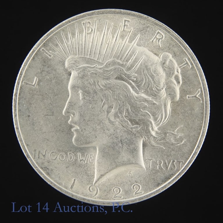 1922 (P) US Silver Peace Dollar (*CH BU): 1922 (P) United States silver peace dollar (Philadelphia Mint). *Per consigner, most open fields are virtually mark free and the reverse is stunning in choice BU condition with original luster and "ha