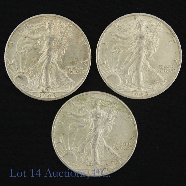 '42 '42d '43p US Silver W/L 50c (Some Luster), 3: Three (3) United States silver walking liberty half dollars (Philadelphia, Denver Mints). Per consigner, with some original mint luster. Metal is 90%-silver. Dates and mints as follows: ---1942 (P); -