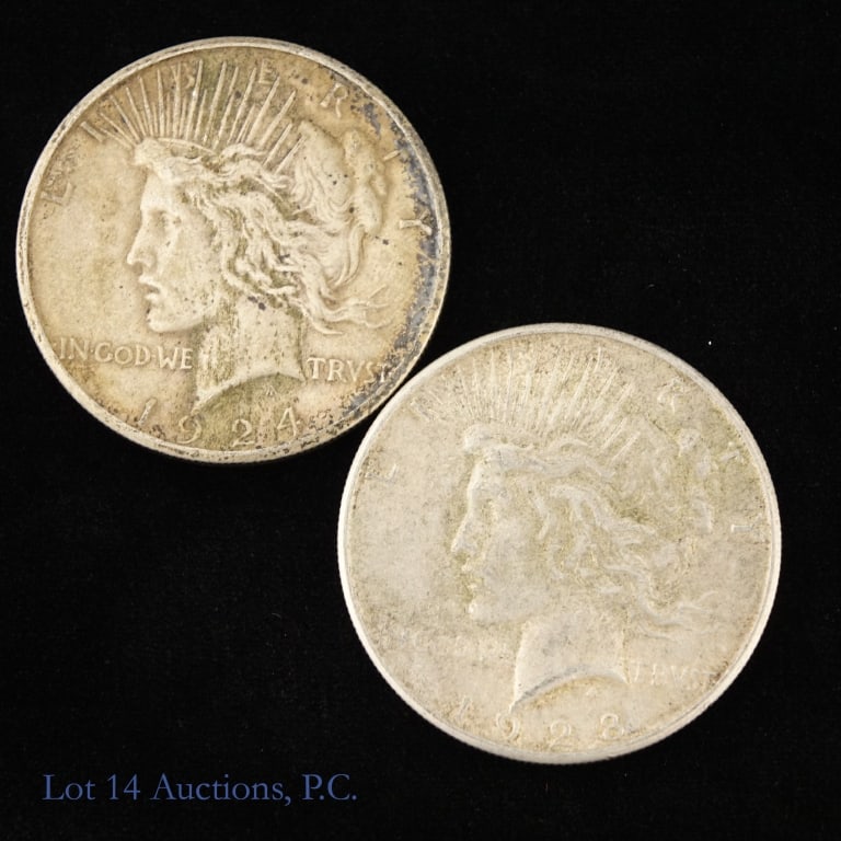 1924s & 1928s US Silver Peace Dollars, 2: Two (2) United States 90%-silver peace dollars (San Francisco Mint) with dates, mintages and PCGS survival estimates (SE) as follows: ---1924-s mintage 1,728,000 with SE of 60,000 (R-2.4); and ---1928