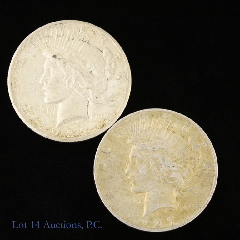 1927 & 1927d US Silver Peace Dollars, 2: Two (2) United States 90%-silver peace dollars (Philadelphia, Denver Mints) with dates, mintages and PCGS survival estimates (SE) as follows: ---1927 (P) mintage 848,000 with SE of 50,000 (R-2.5); and