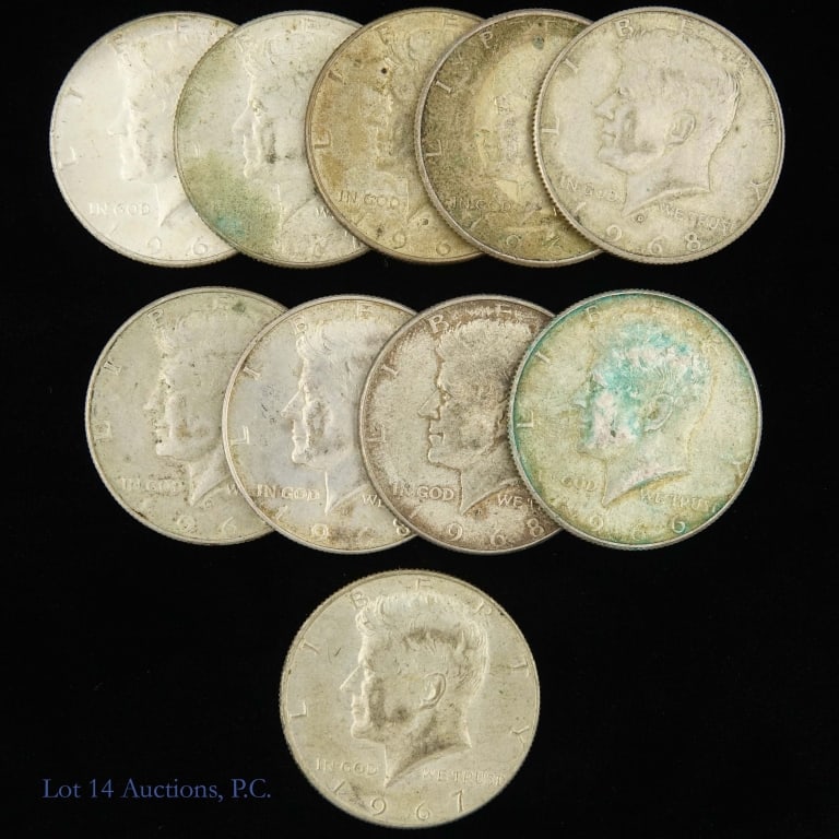 '65-'70 US 40%-Silver Kennedy 50c (ASW 1.5 Oz), 10: Ten (10) 1965 to 1970 United States 40%-silver Kennedy half dollars (Philadelphia, Denver Mints). Lot ASW 1.5 ozt. ***Lot 14 Auctions is not a professional numismatic grading agency. Consigner descrip
