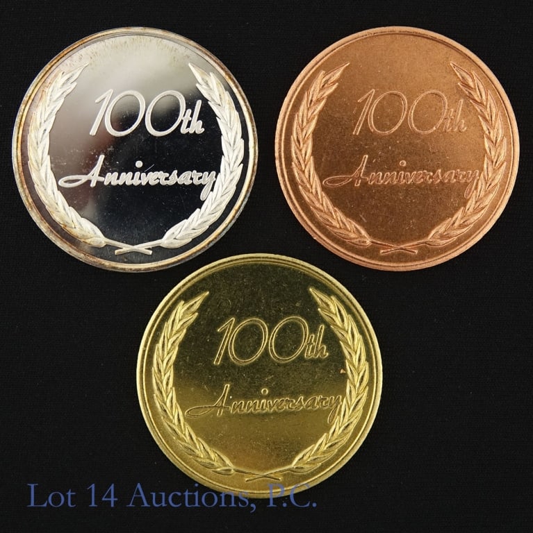 1993 Brookfield IL 100th 3-Medal Set (ASW 0.5 OZ): 1893 - 1993 Brookfield, Illinois centennial 3-medal set "100 years of progress in all directions". Silver, gold plated, and copper finishes. Silver medal is 99.9% silver (ASW 0.50 ozt.). From estate o