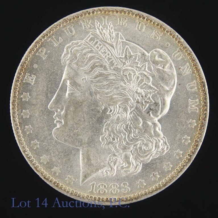 1883-O US Silver Morgan Dollar (*BU): 1883-O United States silver Morgan Dollar (New Orleans Mint). *Per consigner, very slight toning around edge in BU condition. Metal is 90% silver (ASW 0.7734 ozt.). Mintage 8,725,000. Per Greysheet, "