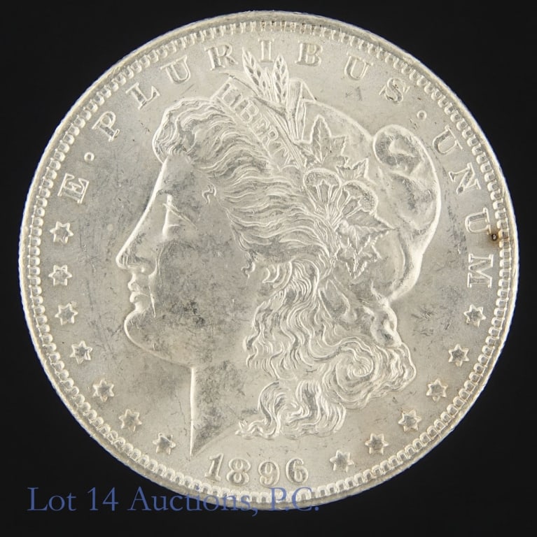 1896 US Silver Morgan Dollar (*BU Good Luster): 1896 (P) United States silver Morgan dollar (Philadelphia Mint). *Per consigner, with good luster with very light toning in BU condition. Metal is 90%-silver (ASW 0.7734 ozt.). Mintage 9,976,000. *** 