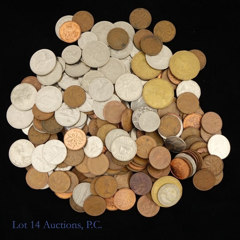 Various Canadian Coins (+210): Over +210 various Canadian coins. Weighs over 1 lbs. 10.5 oz. on Lot 14 Auctions electronic balance. Approximate count by denominations is: ---dollar (4); ---25 cents (32); ---10 cents (20); ---5 cent
