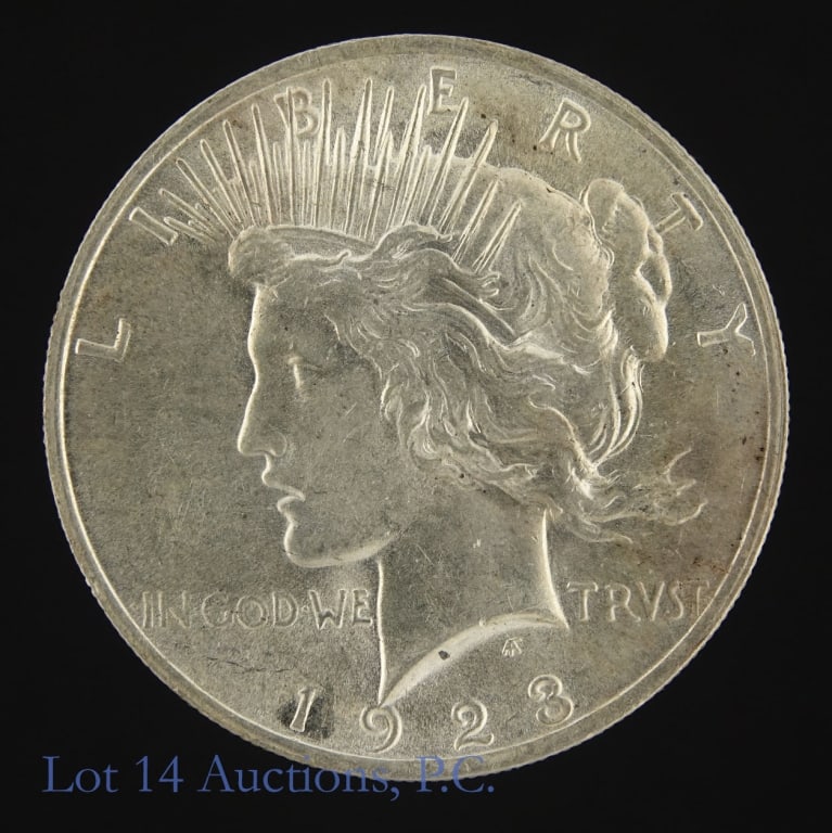 1923 (P) US Silver Peace Dollar (*CH BU): 1923 (P) United States silver peace dollar (Philadelphia Mint). *Per consigner, with decent surfaces in choice BU condition. Metal is 90% silver (ASW 0.7734 ozt). Greysheet wholesale price guide value