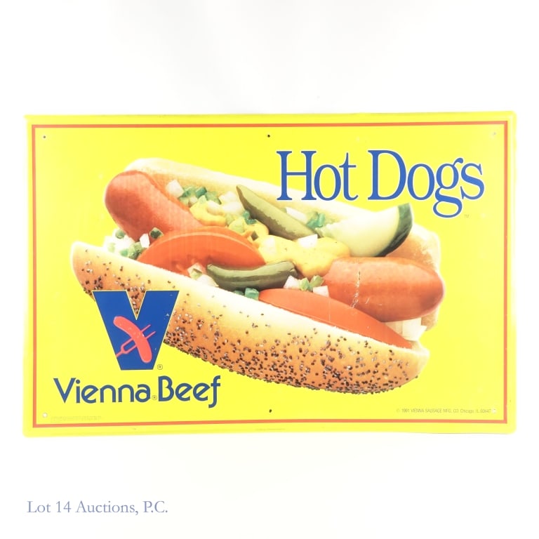 Vienna Beef Hot Dogs Metal Embossed Sign LOCAL: LOCAL PICKUP OR 3RD PARTY SHIPPING ONLY *** 1991 Vienna Beef Hot Dogs one sided embossed metal advertising sign. Approximately 35" X 23". Some bends, scratches and stains present. See photos for