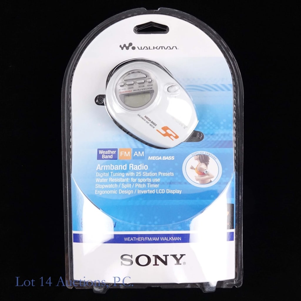 Factory Sealed Sony SRF-M85W Walkman Armband Radio: Factory sealed Sony SRF-M85W S2 Sports Armband Walkman. Digital Tuner Weather/AM/FM Radio, water resistant, stopwatch, armband. Includes headphones.