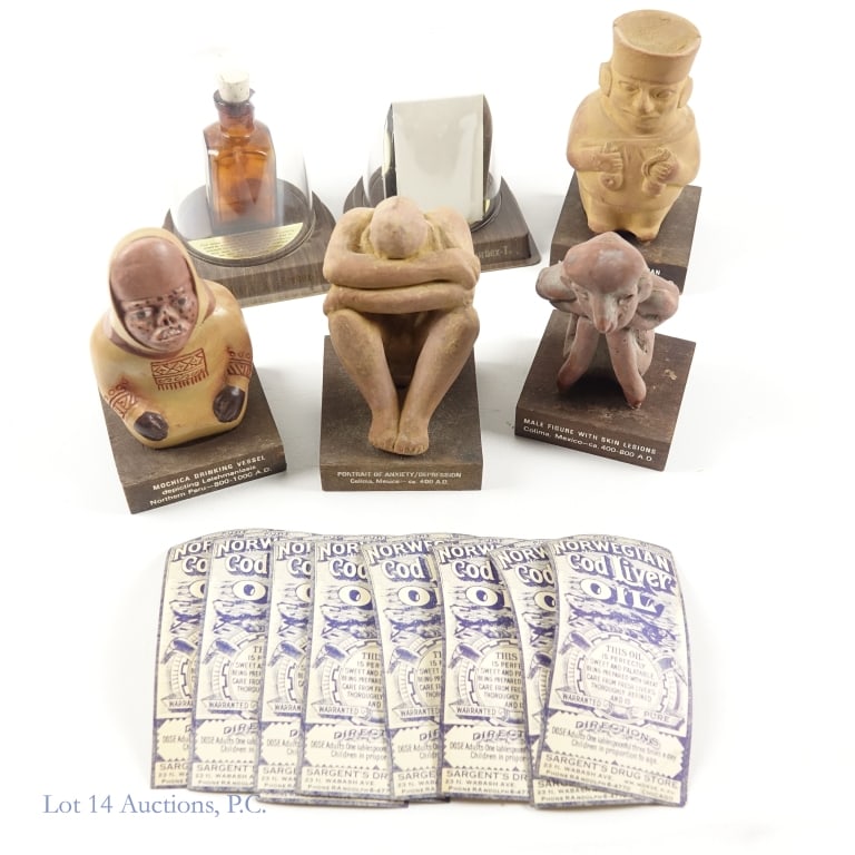 Pharmaceutical Display / Advertising Pieces: Collection of vintage pharmaceutical display / advertising pieces. Bottle of McMahon Oil of Valerian pills (on plastic base under plastic dome) ***** Bottle of Abbott Labs Sulphur and Molasses (on