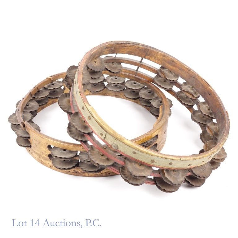 Headless Tambourines / Jingle Rings - Italy (2): Two (2) headless tambourines or jingle rings. Per consigner from Italy 19th century or early 20th century. Diameter: 9.75". Wooden ring thickness: 2.25". One instrument has a continuous ring of