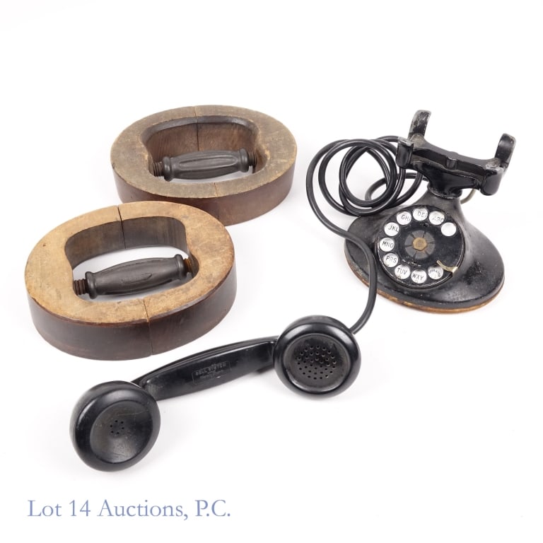 1930s Telephone / Wooden Hat Stretchers (2): Two (2) wooden hat stretchers. Approximately 7" x 6" x 1.75" thick. ***** 1930s Western Electric rotary desk telephone made for Bell System. Quad wire patch cord is cut short. Model F1 handset. Some
