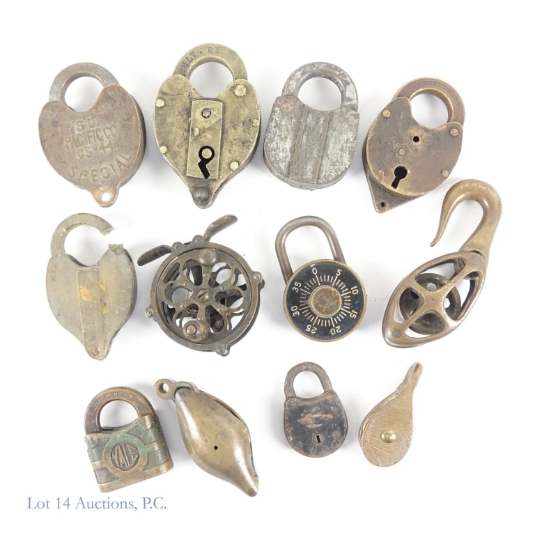 Padlocks, Pulleys, Fishing Reel: Collection of eight (8) vintage padlocks (no keys). Markings include Dudley combination lock, Yale, Hansl, Eagle, Illinois Central Signal, So. Pacific Co CS-44 Special. One unmarked lock is broken