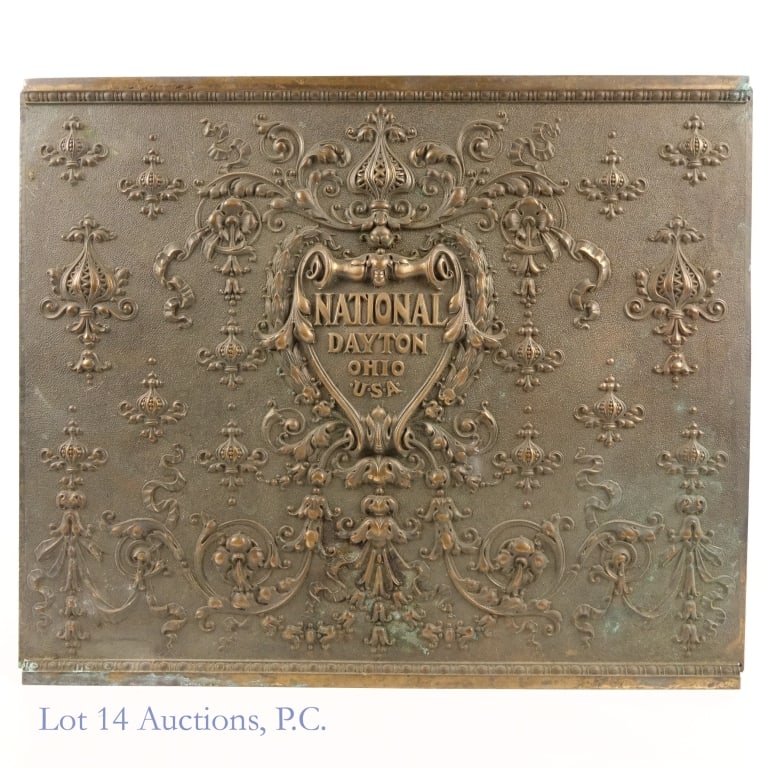 National Cash Register Large Brass Face Plate: Face plate for a National cash register (marked: National Dayton Ohio U.S.A.). Measures approximately 15-5/8" x 13". Weight: 7.8 pounds (3.5 Kg). Some patina present and some light wear, but nice