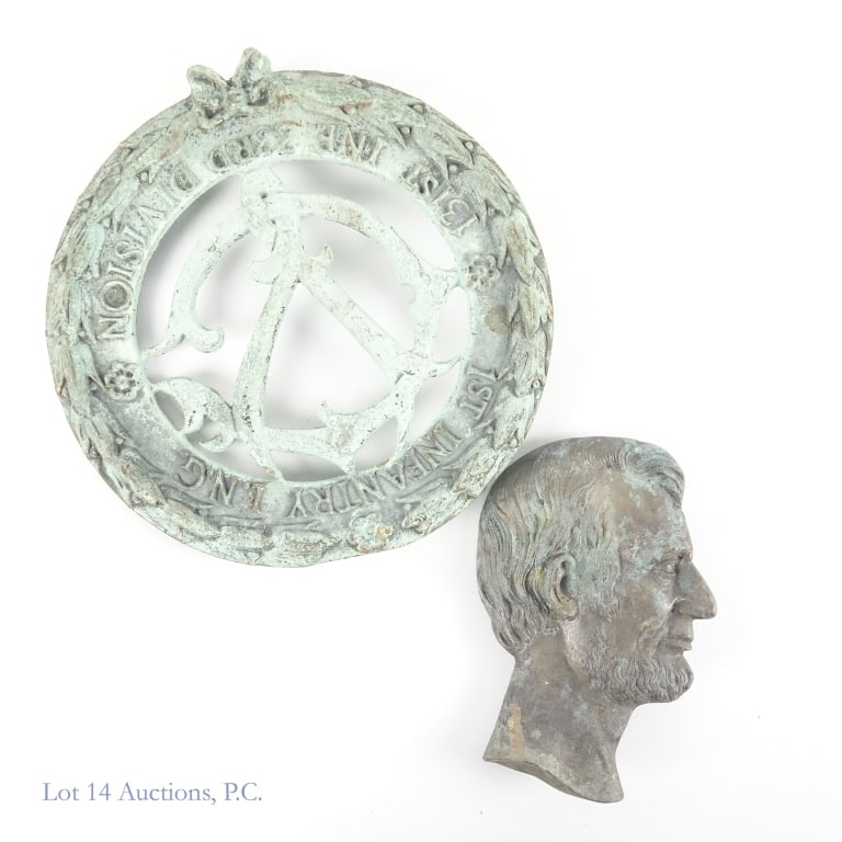 Brass Lincoln Relief & Infantry Grave Marker: Brass relief bust of Abraham Lincoln. Approximately 7" tall by 5" wide. Weight: . ***** Brass round grave marker. On back "Nashua NP&M Co. N.H." identifies the maker as the Nashua Pattern & Model