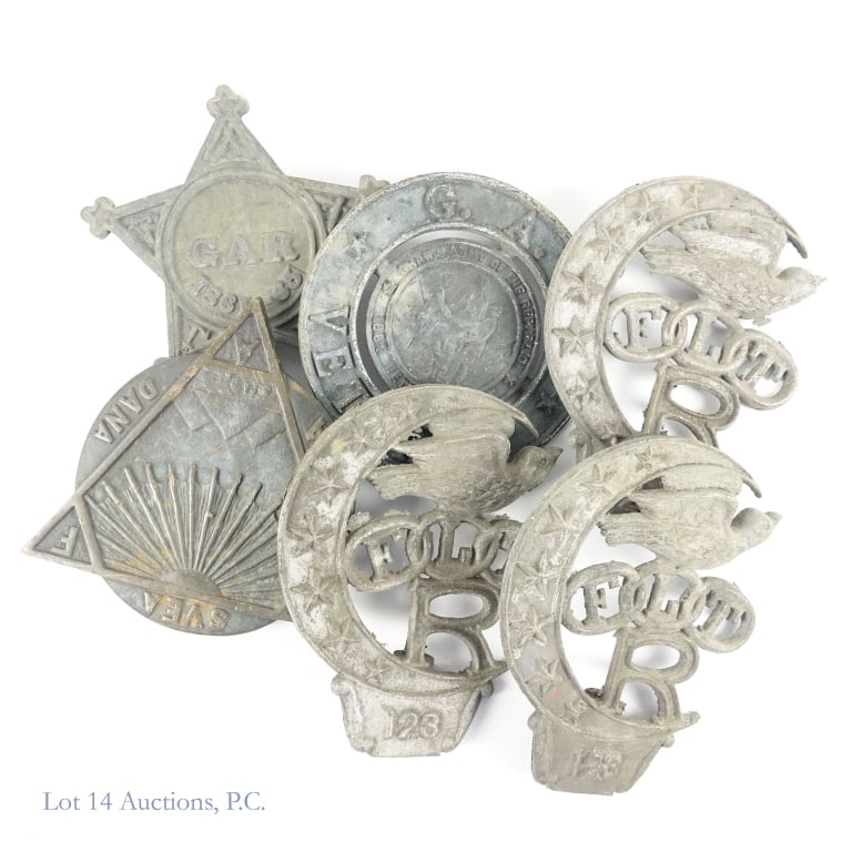 GAR, Scandanavian, Rebekahs Grave Markers: Collection of cast metal grave markers: Two (2) Grand Army of the Republic (GAR) grave markers. Star shaped approximately 6.5" tall. Weight: 1.2 pounds * The round marker appears to be bronze and is