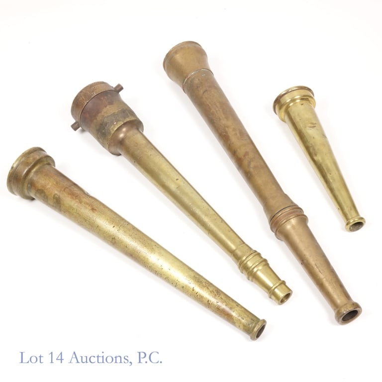 Brass Fire Hose Nozzles, 4: Four vintage / antique brass fire hose nozzles. Listed in descending lengths. 1 - Two-part brass nozzle, tip easily unscrews, 25.85" total length, inner diameters: 1.15", 3". 9.66Lbs. "38" engraved
