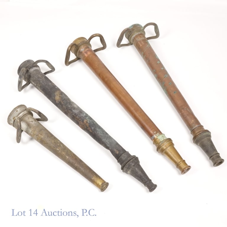 Brass & Copper Fire Hose Nozzles (4): Four (4) brass and copper fire hose nozzles. Three are 29.85" long. Tips on all three of the longest nozzles unscrew smoothly. The four connecting rings all spin, but the connecting ring on the
