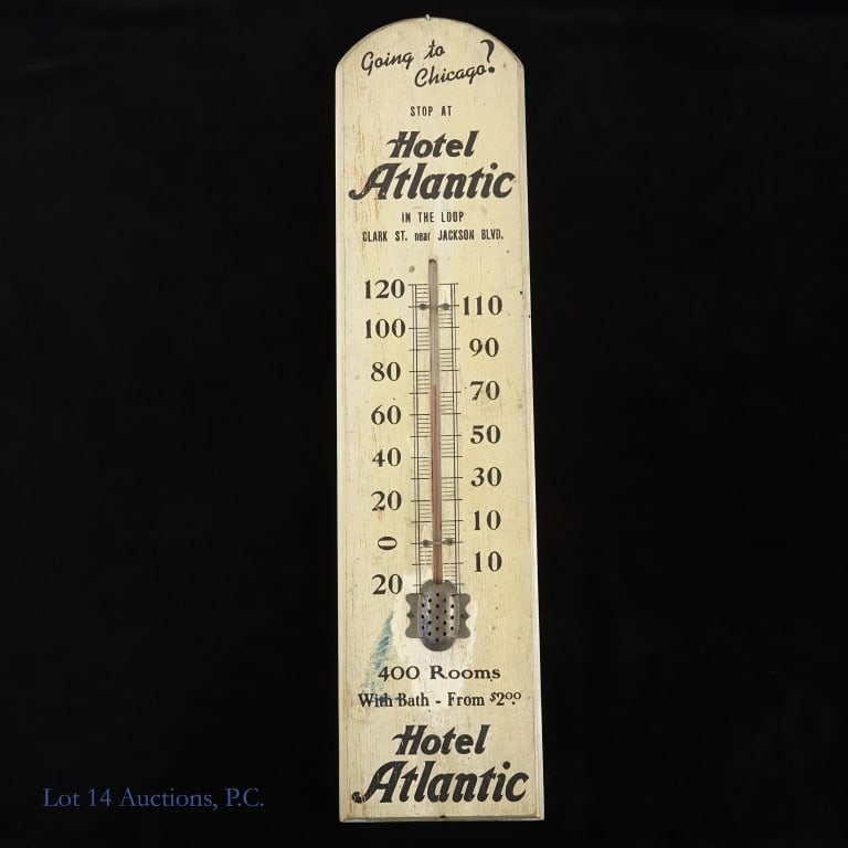 Vintage Hotel Atlantic Chicago Wall Thermometer: Vintage Hotel Atlantic Chicago advertising wall thermometer. Approximately 24" x 5.75". See photos for details and condition.