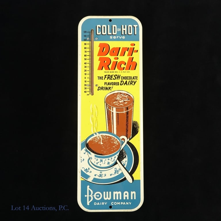 Bowman Dairy Company Dari-Rich Thermometer Sign: Small SST with an intact inlaid mercury thermometer from Bowman Dairy Company, advertising a chocolate flavored drink called Dari-Rich. Some wear and damage to the edges, but mostly good condition