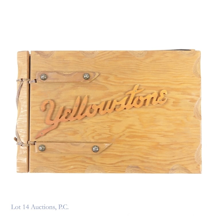 1930s Yellowstone NP (et al) Souvenir Scrapbook: Photograph scrapbook - front and back covers are planks of wood held together with leather thongs and a wooden "Yellowstone" nailed to front cover. Measures approximately 12" x 8" x 1-1/16" thick.