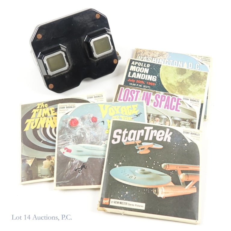 1960s View Master Collection (Moon, SciFi, More: Sawyer's View-Master viewer with six complete sets of View-Master discs. Each set contains original outer envelope (some wear and light damage), story booklet, and three viewing discs: Packet B499