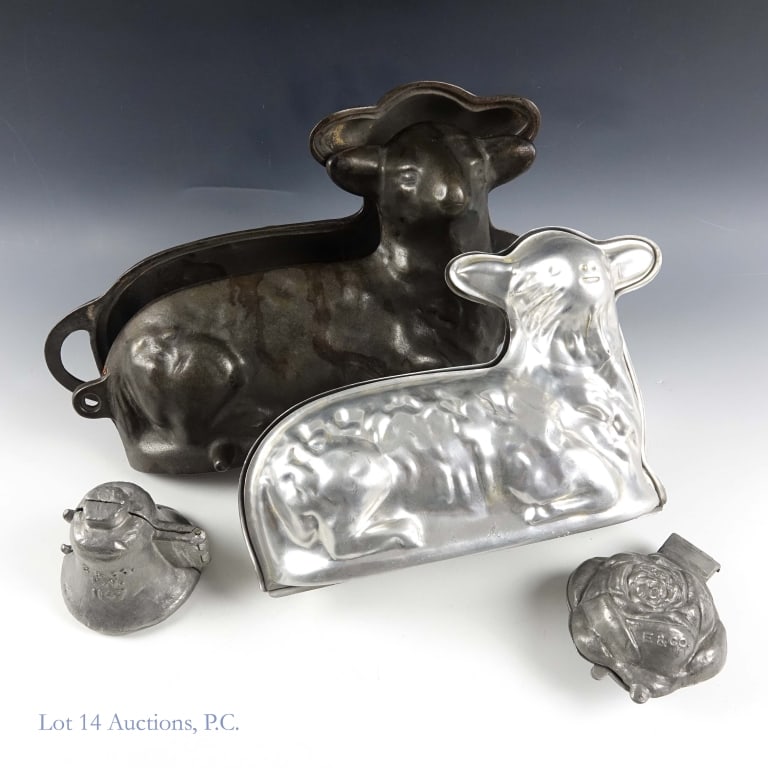 Lamb Cast Iron, Rose and Bell Pewter Molds: Unmarked cast iron lamb cake / chocolate mold. Griswold style - approximately 14 x 8.75 x 4,75" and 7.9 pounds. E. & H. Co. marked ("E. & H. Co; N.Y.; 1147") pewter bell ice cream / chocolate mold, ap