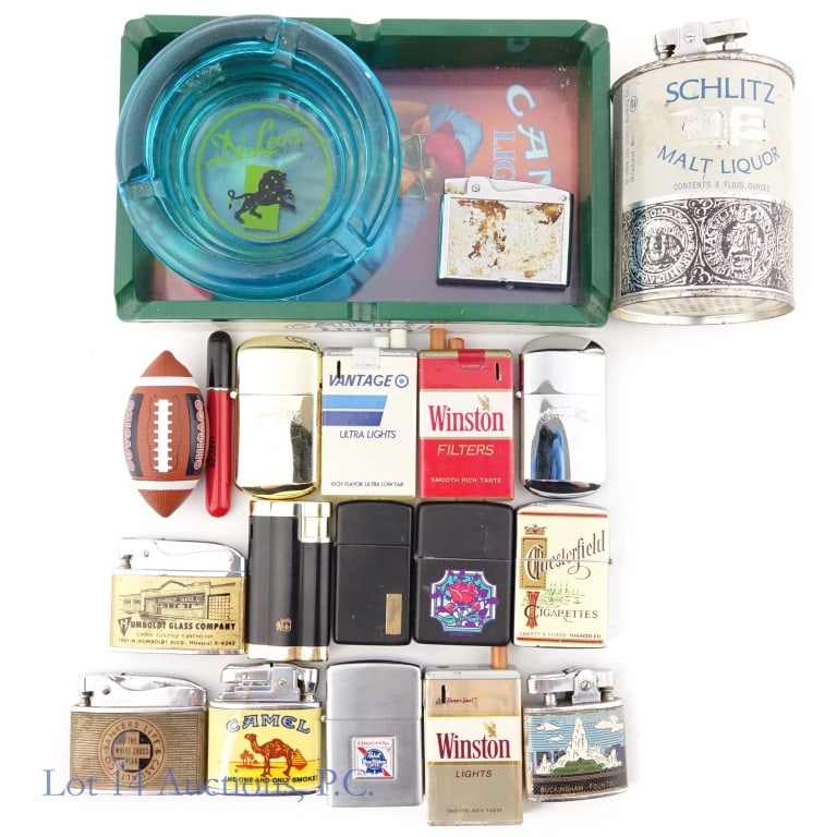 Vintage Advertising Lighters (18) & Ashtrays (2): Eighteen (18) vintage advertising lighters - Schlitz Malt Liquor, Winston, Camel, Chesterfield, PBR, Chicago Bears, Zippo, and more *** 1992 Camel Lights Joe Camel plastic / acrylic ashtray. Approxima