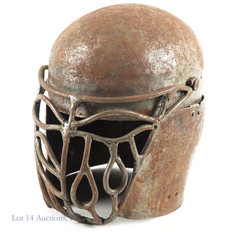 Iron Gladiator Style Helmet, Folk Art: Gladiator style helmet (modern make). Made from iron (surface oxidation is apparent). Face grille and neck flanges articulate. Approximate dimensions: Height: 9.75". Side-to-side (ear level): 7". Fron