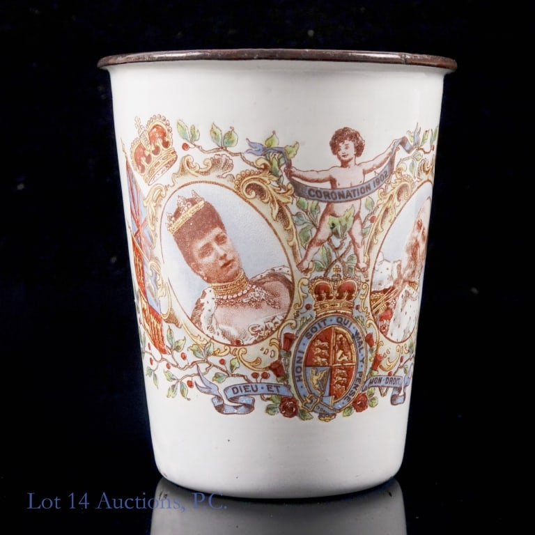 1902 King Edward VII Coronation Enamel Beaker Cup: 1902 enamel cup celebrating the Coronation of King Edward VII and Queen Alexandra. Featuring the Royal Coat of Arms, crown motifs, and banners reading ?CORONATION 1902?, ?DIEU ET MON DROIT?, and