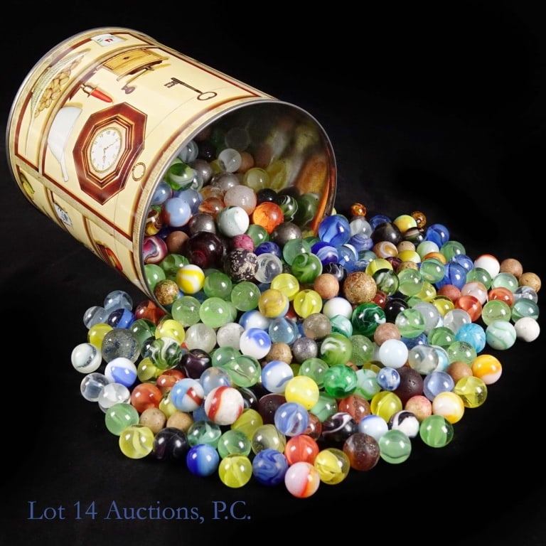 Marbles Collection ~5.7 lbs: 5.5" tall 5" across coffee can full of marbles. Various materials, sizes and colors. Approximately 5.73 lbs not including the can.