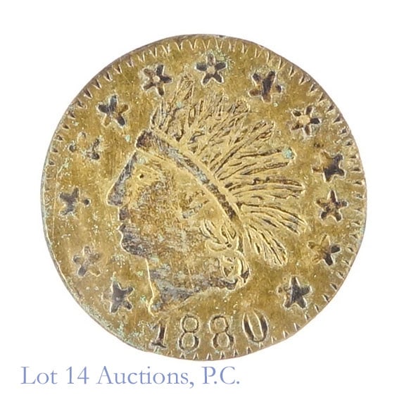 1880 US 1/2 Gold Round California Token: 1880 United States round California gold 1/2 dollar token. Obverse: small Indian head surrounded by 13 stars. Reverse: "1/2 CAL GOLD" with in wreathe. Per consigner, many of the tokens dated 1880 or
