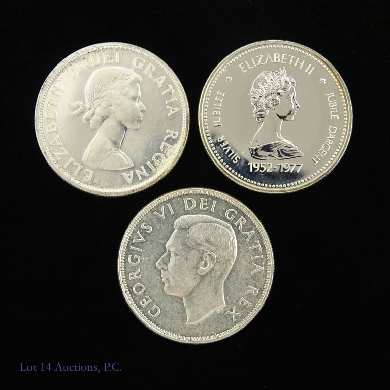 Various Canadian Silver Dollars (3): Three (3) Canadian silver dollars as follows: ---1951 80% silver voyageur dollar (AU); ---1958 80% silver British Columbia dollar (GEM BU); and ---1977 50% silver QE II jubilee dollar (Gem P/L). ***