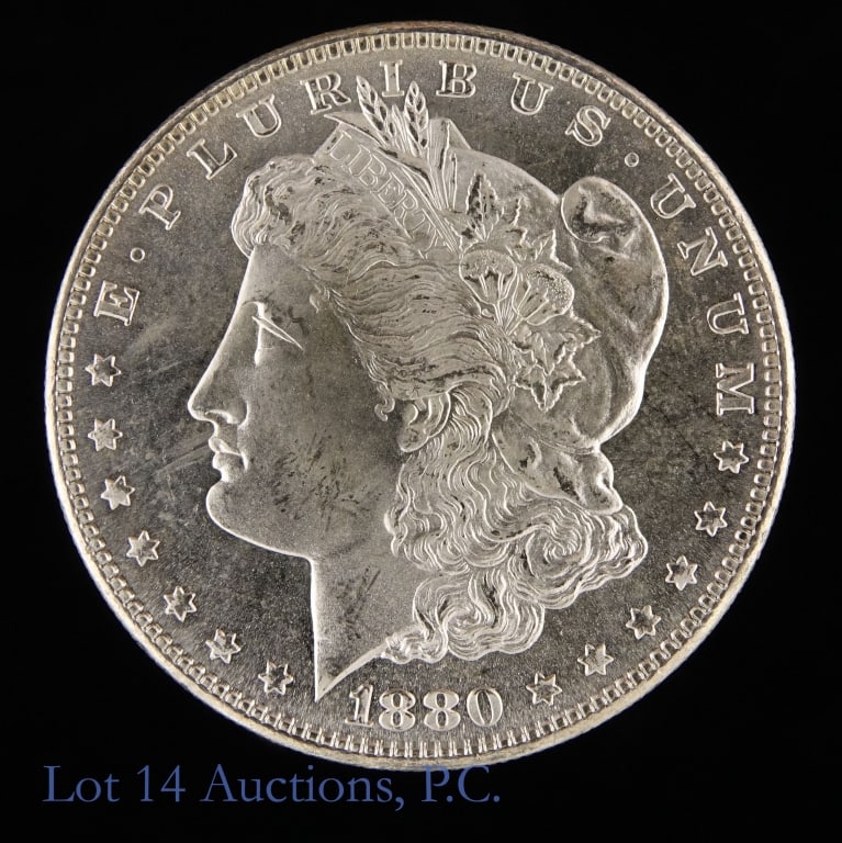 1880-S US Silver Morgan Dollar (*CH BU P/L): 1880-S United States silver Morgan dollar (San Francisco Mint). *Per consigner, in CH BU P/L condition. Metal is 90% silver and weighs 26.73 grams. Mintage is 8,900,000. Silver content confirmed on
