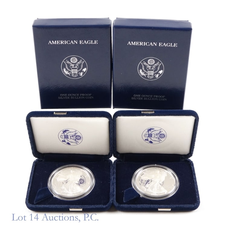 2005-W American Silver Eagle Proof $1 in OGP, 2: Two (2) 2005-W United States American silver proof eagle dollar bullion coin (West Point Mint) in OGP with COA. Designers Adolph A Weinman (obv.) and John Mercanti (rev.). Metal is 99.9% silver and