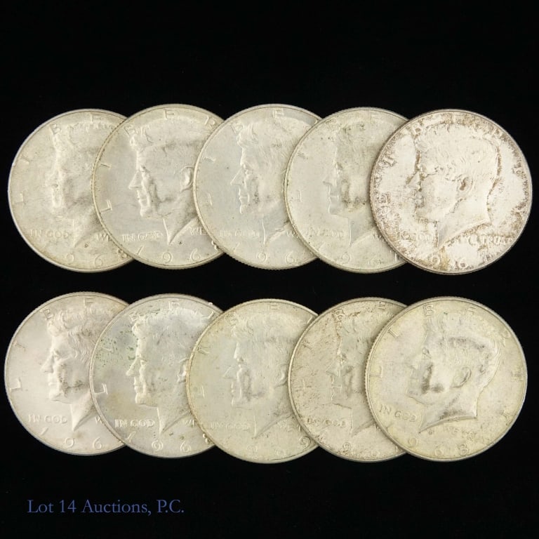 '65-'70 US 40%-Silver Kennedy 50c (ASW 1.5 Oz), 10: Ten (10) 1965 to 1970 United States 40%-silver Kennedy half dollars (Philadelphia, Denver Mints). Lot ASW 1.5 ozt. ***Lot 14 Auctions is not a professional numismatic grading agency. Consigner