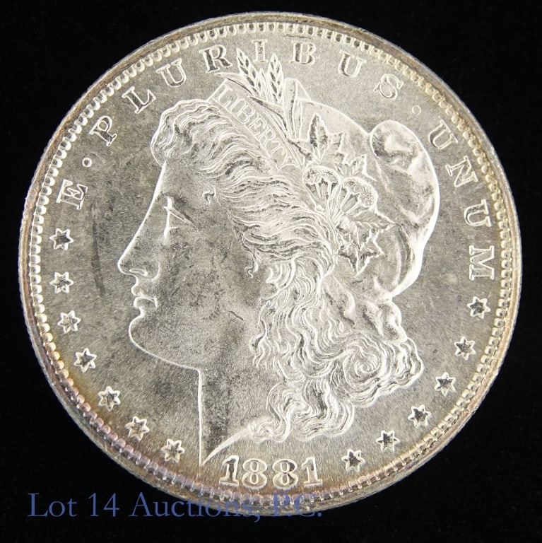 1881-S US Silver Morgan Dollar (Flashy Luster): 1878-S United States silver Morgan dollar (San Francisco Mint). Per consigner, nice flashy luster in CH BU condition with slight edge toning. Metal is 90% silver (ASW 0.7734 ozt.) Mintage 12,760,000.